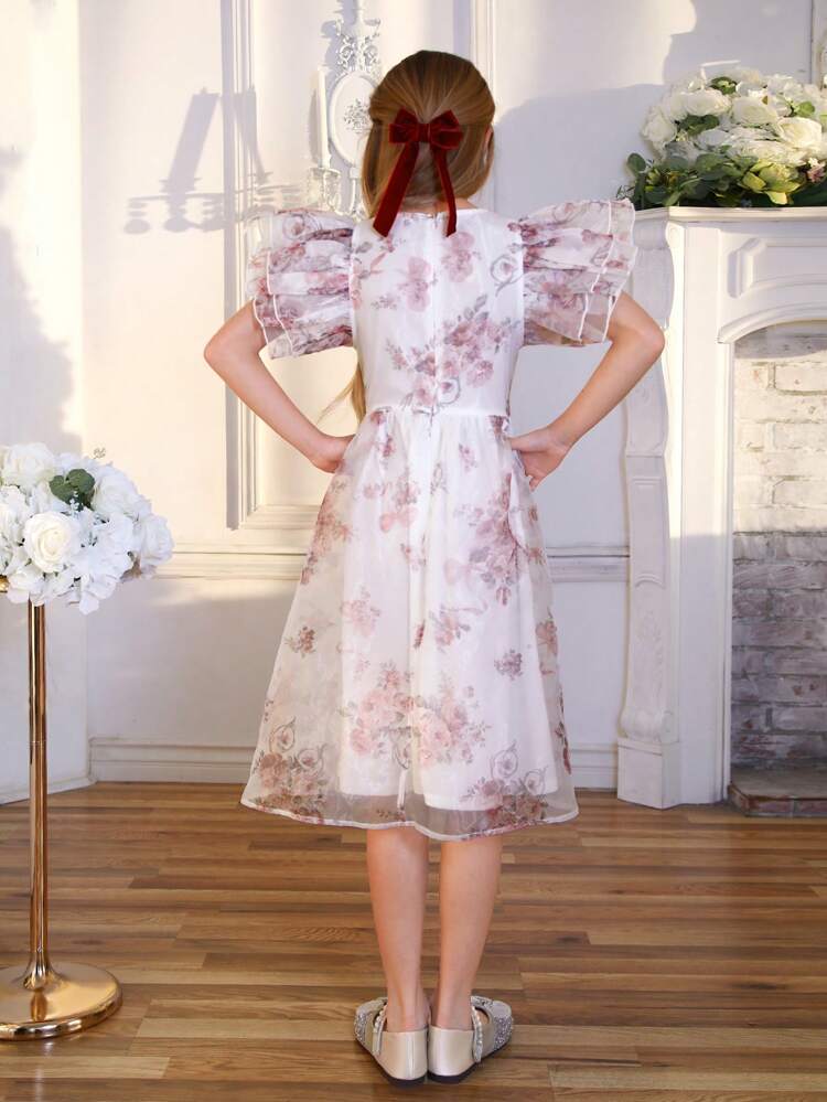 Tween Girls' Floral Print Organza Dress With Round Neckline, Layered Ruffle Sleeves