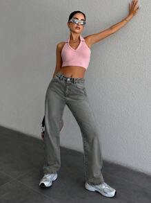RueChic 100%Cotton Women's High Waist Straight Leg Jeans - Grey - View 6