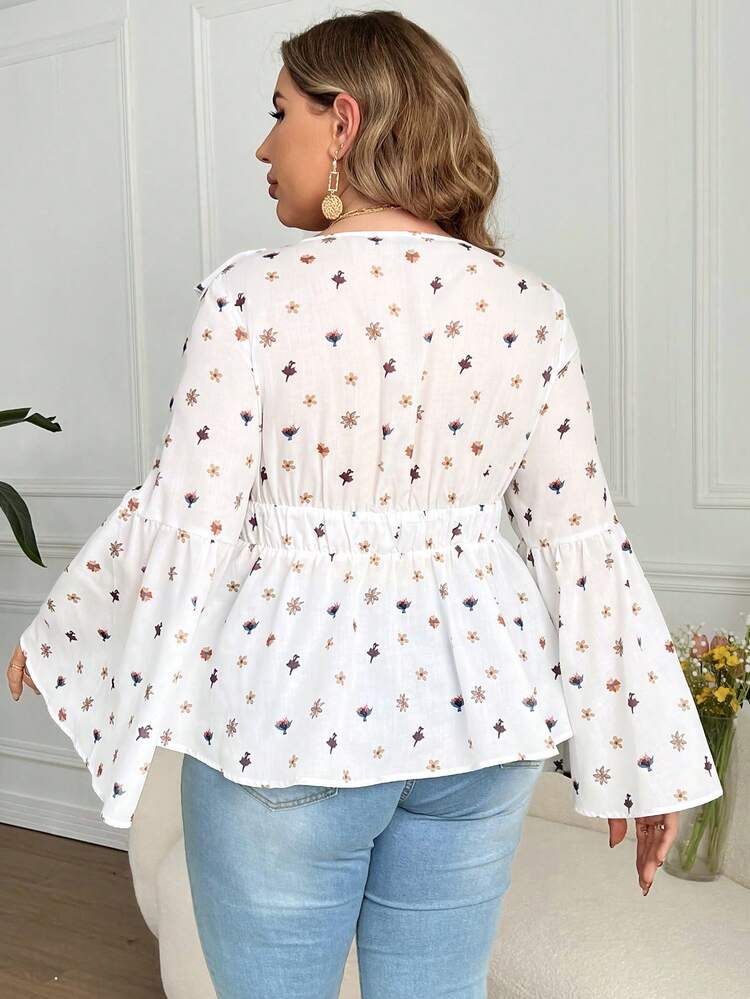 Plus Size Women's Floral Print Ruffle Hem Bell Sleeve Blouse Fall Cloth For Women