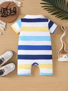 Baby Boy Simple Colorful Striped Short Sleeve Romper For Summer - Multicolor - View 2