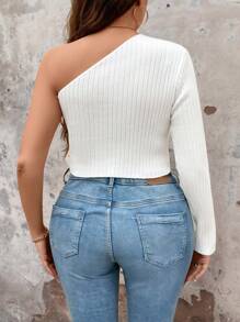 SHEIN Unity Plus Size Solid Color Oblique-Shoulder Ribbed Sweater With Twisted Detail - White - View 2