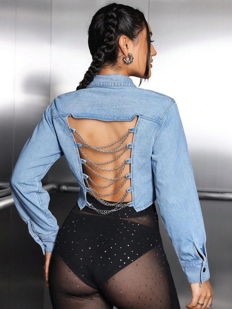 Women's Backless Denim Shirt With Chain Decoration