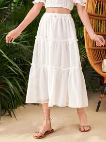 SHEIN Falda blanca de capas largas de gasa con diseño acampanado y parches para niña preadolescente - Blanco - Ver 4