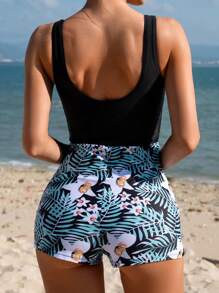 Swim Lushoire Summer Beach Women's One-Piece Swimsuit With Plant Print - Multicolor - View 2