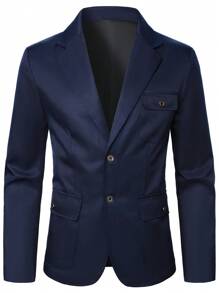 Manfinity Mode 1set Men's Single-Breasted Suit Jacket With Notch Lapel And Suit Trousers - Navy Blue - View 3