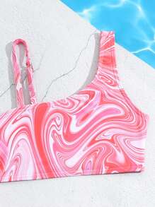 SHEIN 年轻女孩不对称印花斜肩比基尼套装配套套装夏季海滩 - 粉色 - 查看 5