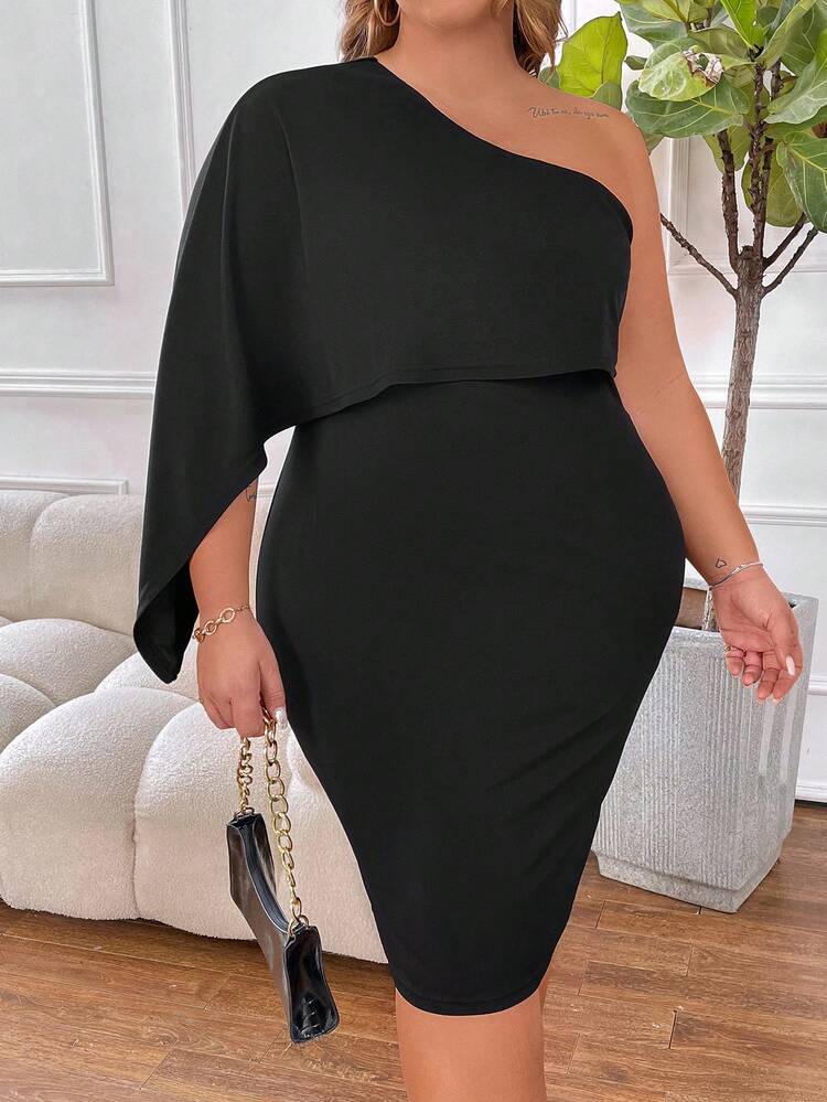 Plus Size One Shoulder Cape Sleeve Bodycon Dress