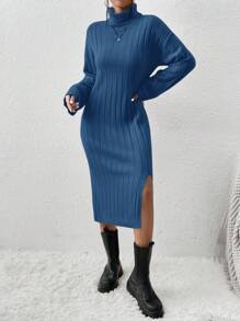 EURMUSE High Neck Drop Shoulder Long Sleeve Sweater Dress With Split Hem, Without A Belt - Navy Blue - View 3