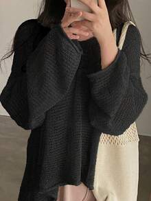 休閒純色鉆空女款毛衣 - 黑色 - 查看 5