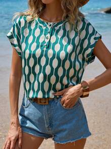 SHEIN Frenchy Của phụ nữ tay cánh In Áo sơ mi - màu xanh lá - Xem 1