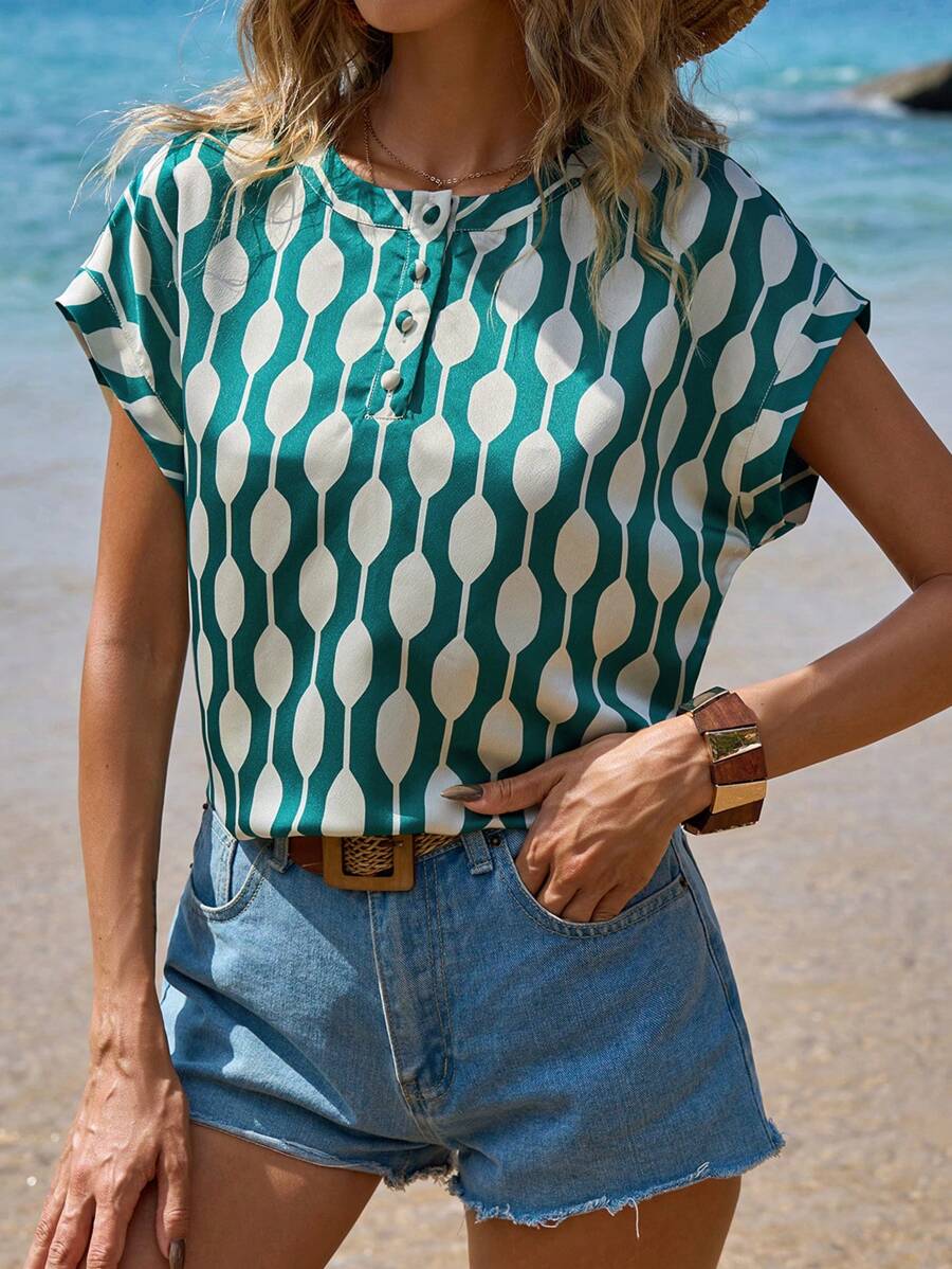 SHEIN Frenchy Của phụ nữ tay cánh In Áo sơ mi - màu xanh lá - Xem 1