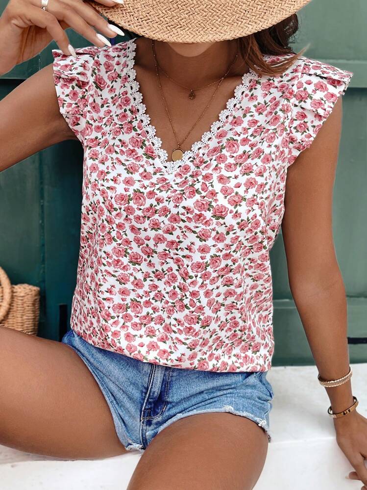 SHEIN Frenchy Blusa Para Mujer Con Mangas Cortas Y Estampado Floral, Ropa De Festival Country, Blusa De Verano Para Mujer, Top De Tanque Fluido, Cuello De Encaje De Remiendo De Encaje De Colores Contrastantes, Floral Lindo De Verano Y Romántico En Tamaño Pequeño, Blusa Estampada En Rosa, Blusa Floral, Parte Superior Para Vacaciones De Primavera - Multicolor - Añade 2