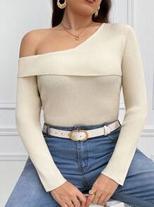 Flirla Pull oversize femme en tricot, col asymétrique, couleur unie, pour l'automne et l'hiver - Blanc - Voir 5