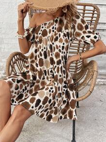 SHEIN VCAY 女士印花斜肩嬰娃裝連身裙 - 棕色 - 查看 3