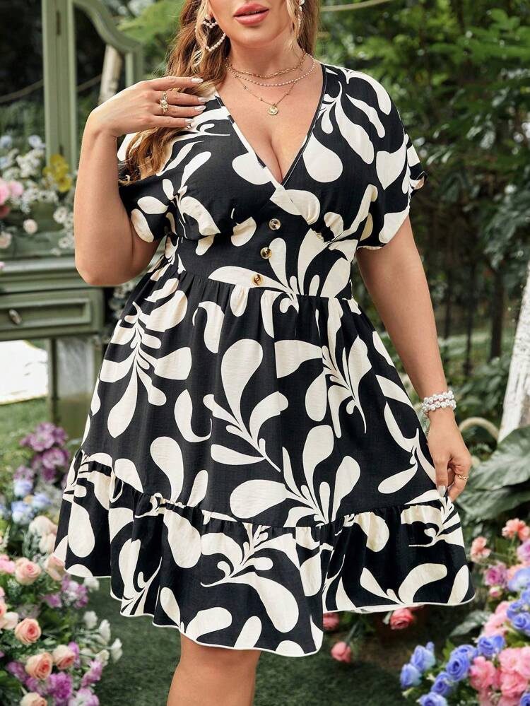 Plus Size Printed Batwing Sleeve Dress