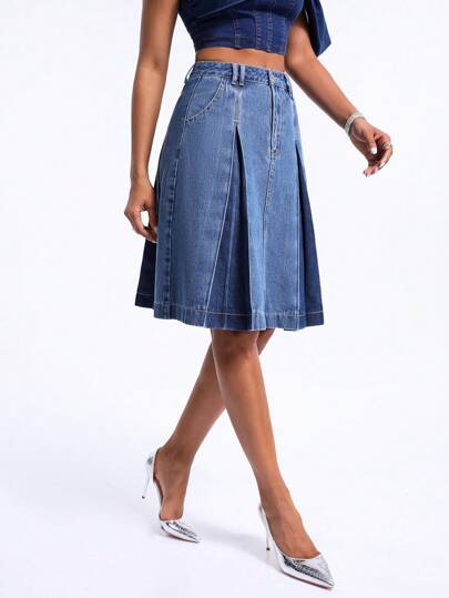 SHEIN Essnce Women's Knee-Length Denim Skirt With Pleat Detail