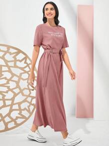 Mulvari Women's Arabic Style Letter Embroidery Textured Dress