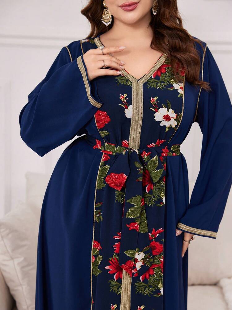 Plus Size Women's Arab Clothing With Floral Print Spliced Ribbon Kaftan Jalabiya Dress
