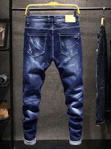 Men's Distressed Washed Denim Jeans - Dark Wash - View 2