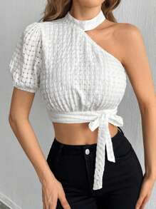 SHEIN Privé 女士不對稱領口泡泡袖系帶前短款上衣 - 白色 - 查看 1
