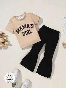 Baby Girl Street Fashion Letter Printed Top And Solid Color Flared Pants Set