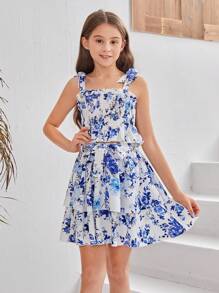 Tween 女童编织花卉褶皱吊带上衣和宽松编织裙两件套 - 彩色 - 查看 5