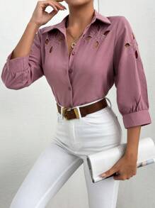 EURMUSE Hollow Out Embroidered Long Sleeve Shirt - Mauve Purple - View 3