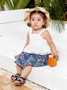 SHEIN Bộ váy ren in hoa và áo ba lỗ xếp nếp mùa hè cho bé gái - trắng - Xem 5