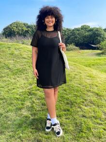 SHEIN EZwear 2件套黑色针织连衣裙，带透明覆层，音乐节服装 - 黑色 - 查看 5