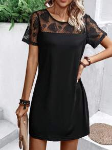 SHEIN LUNE 女士愛心蕾絲短袖裙 - 黑色 - 查看 5
