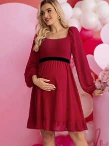 孕婦荷葉邊腰帶連衣裙 - 紅色 - 查看 1