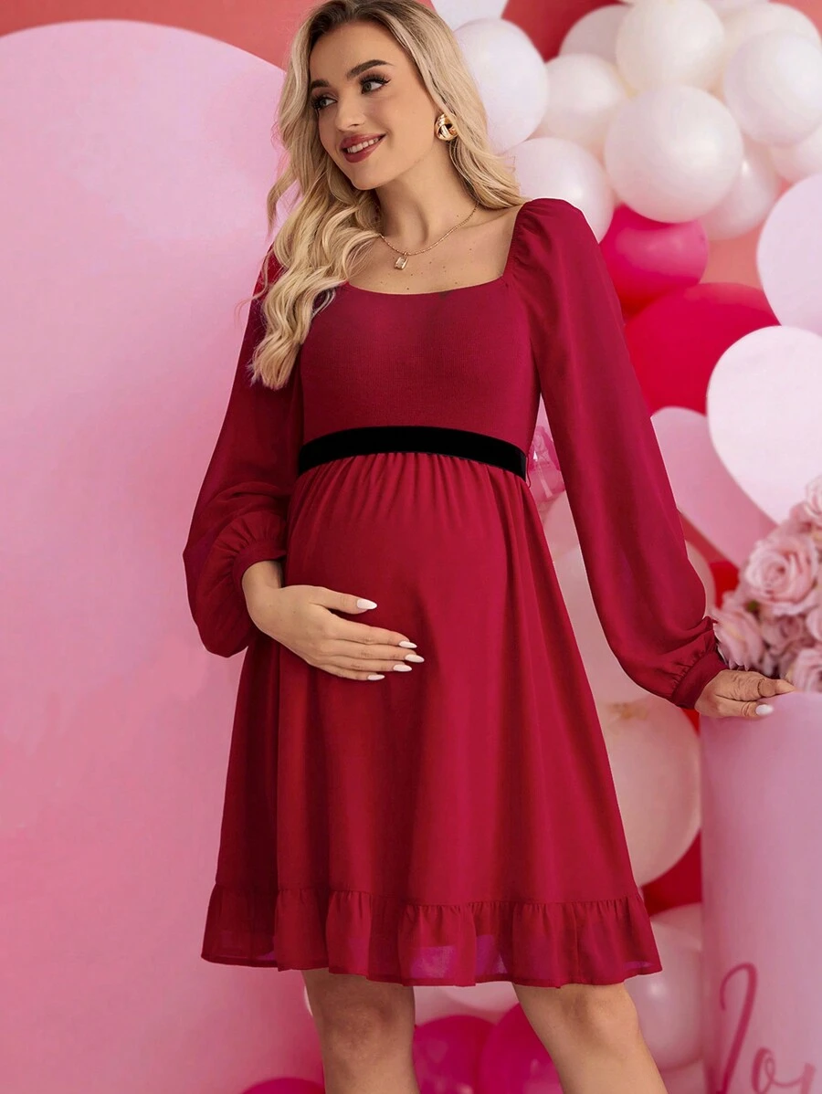 孕婦荷葉邊腰帶連衣裙 - 紅色 - 查看 1