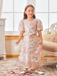 SHEIN Embroidered Fabric Young Girls' Mid-Sleeve Long Vacation Dress