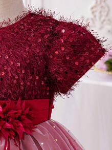 Young Girl's  Elegant Long Dress For Birthday Party, Wedding, Holiday With Red Ombre Glitter Tulle Princess Skirt - Burgundy - View 3