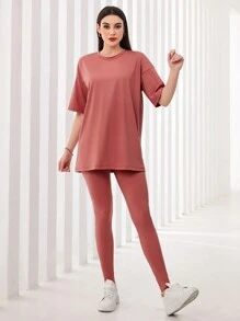 Mulvari Conjunto de 2 piezas para mujer con camiseta de manga caída con estampado de letras y pantalones largos