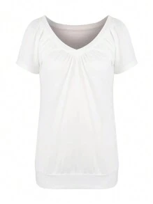 INAWLY Women's Plain V-Neck T-Shirt - White - View 3