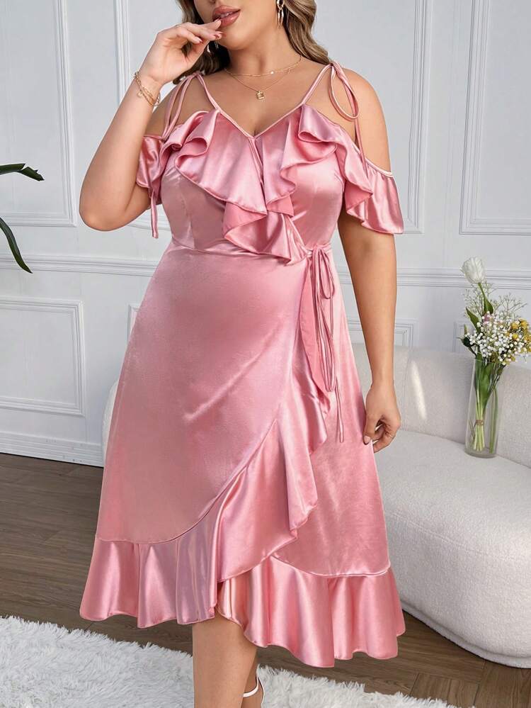 Plus Size Satin Ruffle Trim Cami Off Shoulder Dress