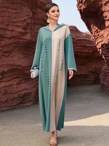 Al Najma Color Block Rhinestone Decorated Knitted Ribbon Splice Hoodie Modest Dress Elegant Luxury Long Sleeve - Multicolor - View 4