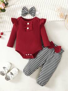 女婴荷叶边装饰连体衣和千鸟格印花蝴蝶结前裤和头带，适合圣诞节 - 紅色 - 查看 3