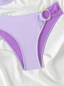 SHEIN Swim 無肩帶托巴上衣,環形細節二件式泳裝 - 紫色 - 查看 4