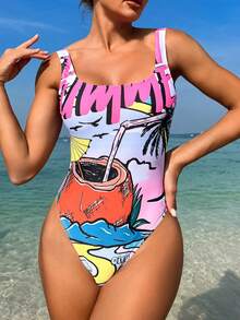 Swim Vcay Của phụ nữ Đồ bơi một mảnh Với bản in cây cọ Lễ hội hóa trang - Nhiều màu - Xem 4