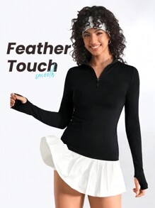 SHEIN Sports 拉链式拇指孔运动卫衣 - 黑色 - 查看 2