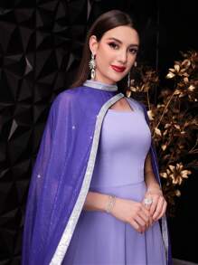 Modelyn Vestido casual de moda para mujer con decoración de cinta brillante, vestido de noche largo - Morado - Ver 4