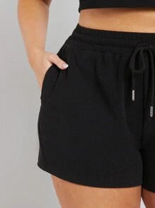 Hauture Conjunto De Camiseta Sin Mangas Y Pantalones Cortos De Color Liso Para Mujer - Negro - Ver 6