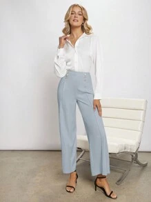 BizChic 女士双排扣阔腿裤，优雅商务休闲办公装，春夏款 - 淺藍色 - 查看 7