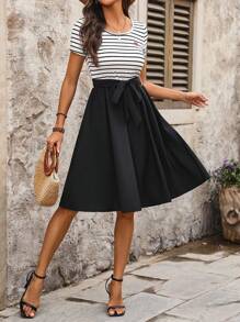 Chiquease Women's Casual Round Neck Love Patch Striped Dress