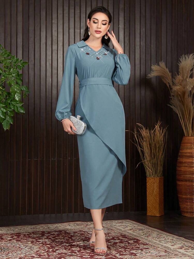 Adult Women's Diamond Decorated Turn-Down Collar Long Sleeve Dress Long Evening Dresses