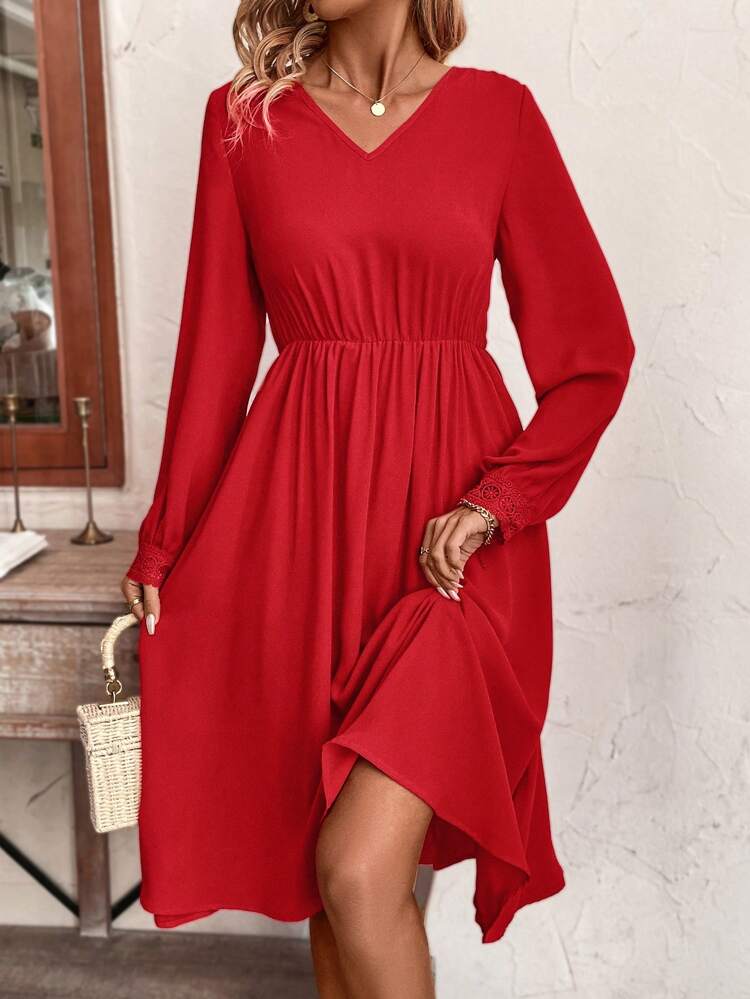 Valentine Lace V-Back Long Sleeve Women's Dress Without Belt Christmas Winter New Year Red Casual