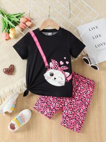 SHEIN 女小童卡通圖案T恤&豹紋印花短褲