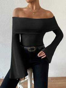 SHEIN LUNE Của phụ nữ Màu thuần Off-shoulder Tay áo loe Áo thun - màu đen - Xem 5